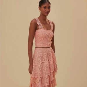 FARM Rio Crochet Tiered A-Line Skirt and Crop Top in Blush Pink